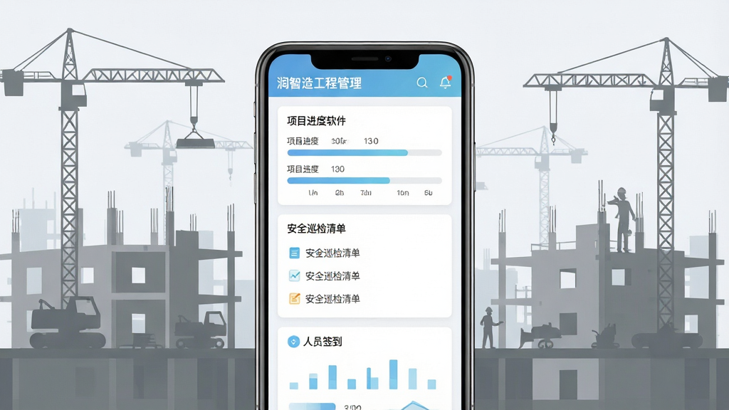 一张展示润智造软件核心界面的概念图,画面中央放置一部智能手机,屏幕内显示润智造工程管理仪表盘,包含项目进度条、安全巡检清单和人员签到模块,背景为现代化建筑工地场景,布局采用中心聚焦式构图,排版简洁清晰,风格为扁平化科技感,细节包含淡蓝色数据图表、白色卡片式模块、灰色工地剪影,画质为高清渲染,画面干净,无多余元素