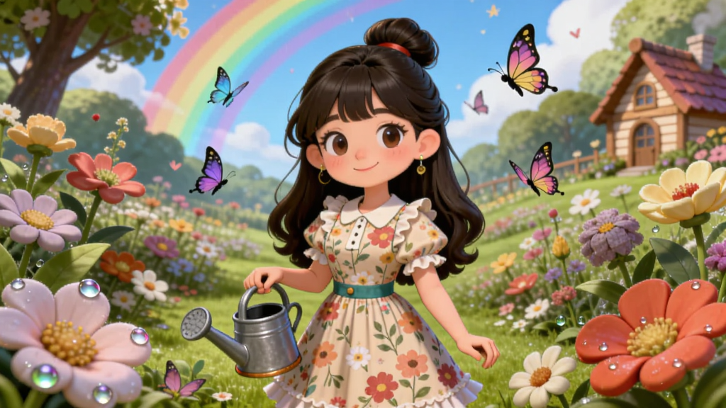 画面中央是一位穿着碎花裙的花花姑娘站在五彩缤纷的魔法花园中,周围环绕盛开的鲜花与飞舞的蝴蝶,背景是梦幻的彩虹与蓝天,布局上人物居中、花园向四周延展,排版采用竖版手机游戏截图风格,风格为清新卡通治愈系,细节包括花朵上的露珠、姑娘手中的浇水壶、远处的小木屋,画质高清鲜艳、干净、无多余元素