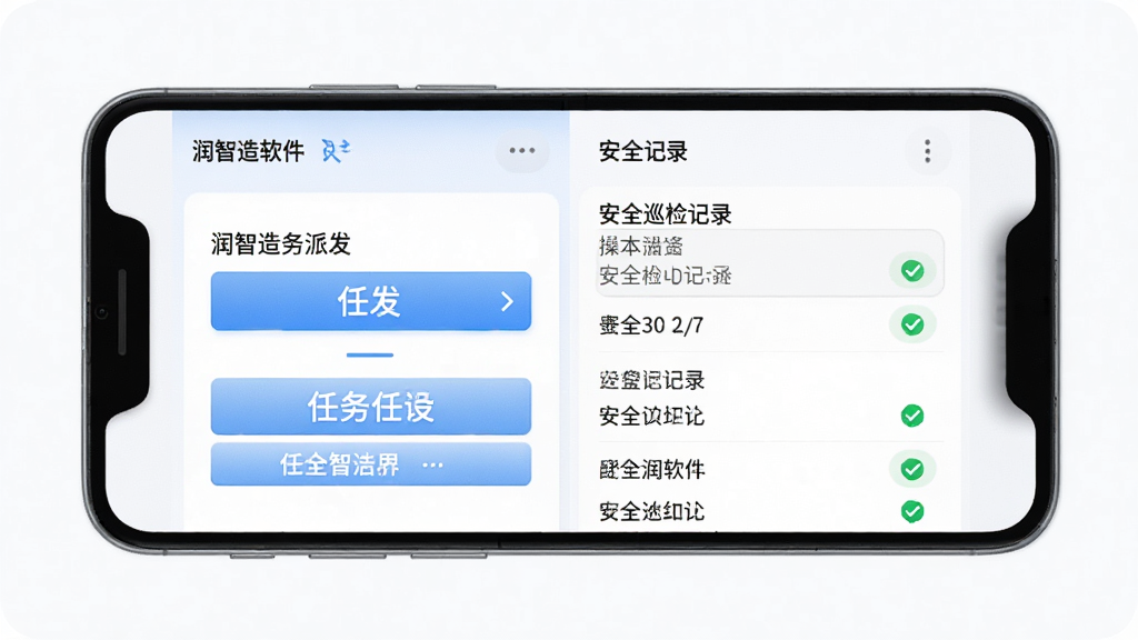 润智造软件在手机上的操作界面截图,画面展示一部安卓手机,屏幕内呈现润智造的任务派发页面与安全巡检记录列表,布局为上下分栏,风格为清新浅色,细节包含蓝色按钮、白色背景、绿色完成状态图标,画质高清,画面干净,无多余元素