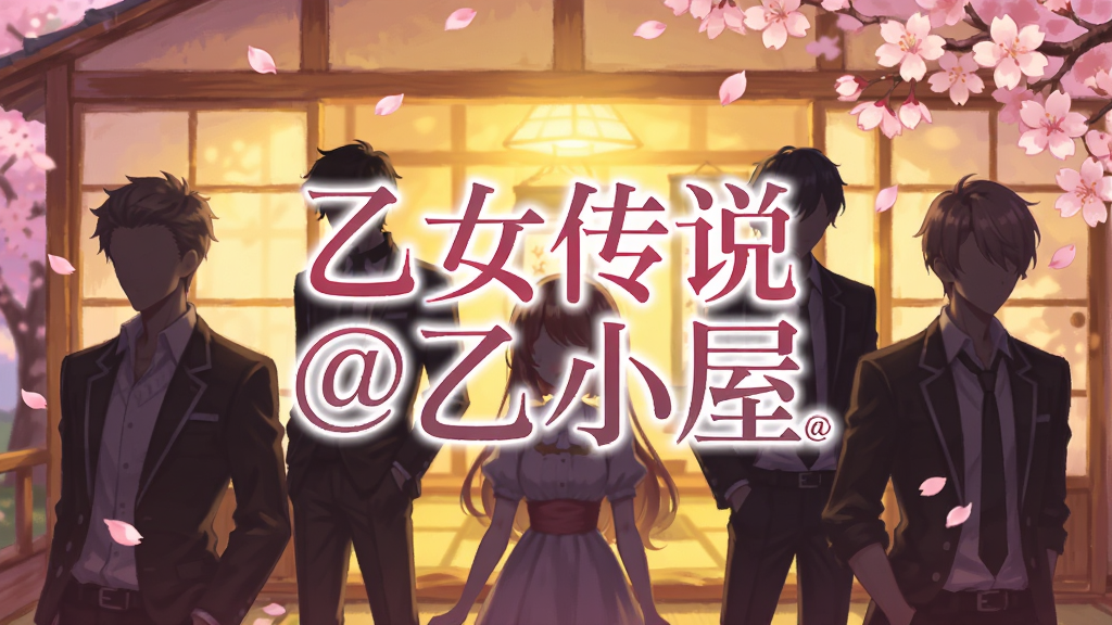一张精美的乙女向恋爱游戏宣传图,画面中央是乙女传说@乙小屋游戏的日系风格标题文字,背景是温馨的日式小屋场景,樱花飘落,室内有暖黄色灯光,几位帅气男主角的剪影环绕在女主角周围,整体色调柔和浪漫,粉色与暖黄色为主,画面干净整洁,二次元动漫风格,高清画质,无多余元素