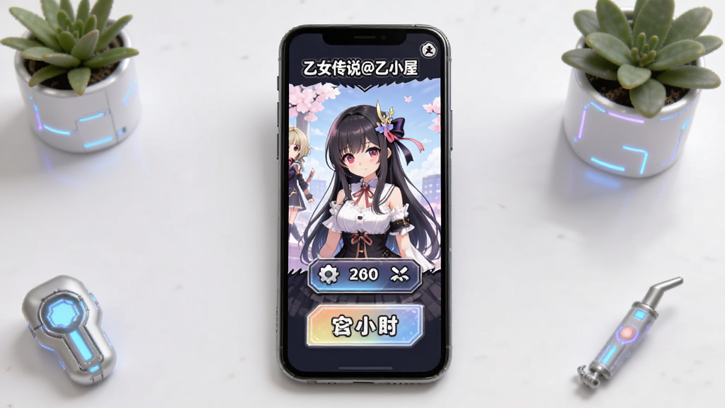 乙女传说@乙小屋游戏手机运行界面示意图,画面展示一部智能手机屏幕中显示乙女传说@乙小屋游戏的主界面,界面中有角色立绘和功能按钮,手机周围有简洁的装饰元素,背景干净整洁,科技感与二次元风格结合,高清画质
