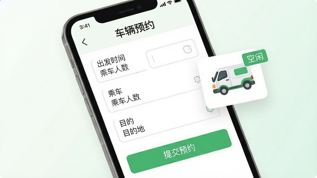 ����չʾһ���ֻ�Ӧ�ý��棬���涥����ʾ������ԤԼ�����⣬�в��г���ʱ�䡢�˳�������Ŀ�ĵص�����򣬵ײ��С��ύԤԼ����ť�������Ҳ�������ʾһ��С�ͻ�����ͼ��͡����С�״̬��ǩ������Ϊǳɫ���䣬������Ϊ�ִ���ƽ����ƣ�ɫ���԰�ɫ����ɫΪ������������������ɾ����޶���Ԫ�ء�