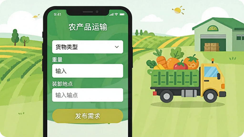 ����չʾһ���ֻ�Ӧ�ý��棬��������ʾ��ũ��Ʒ���䡱����ҳ�棬���������������������������װж�ص������͡��������󡱰�ť�������Ҳ�չʾһ��װ��ũ��Ʒ�Ļ���ͼ�꣬��������Ұ�Ͳֿ�ļ�ʲ廭��������Ϊ��ƽ���廭�磬ɫ������ɫ�ͻ�ɫΪ������������������ɾ����޶���Ԫ�ء�
