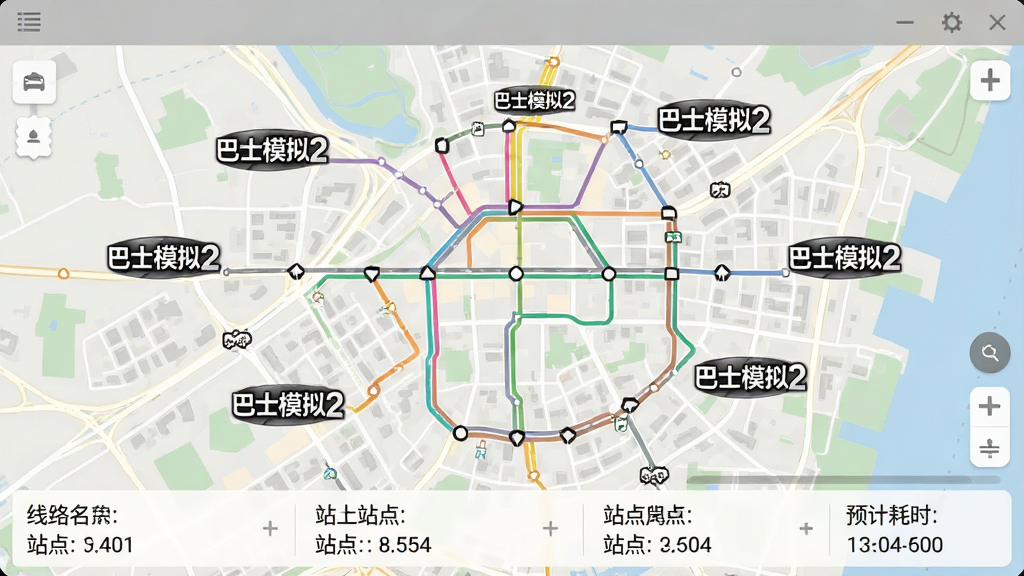 一张展示巴士模拟2PC电脑版线路选择界面的图片,画面以城市地图为背景,地图上标注了多条彩色公交线路,每条线路旁有“巴士模拟2”的图标,界面下方显示线路名称、站点数量和预计耗时,整体风格为简洁现代的UI设计,色调柔和,画质清晰,无多余元素