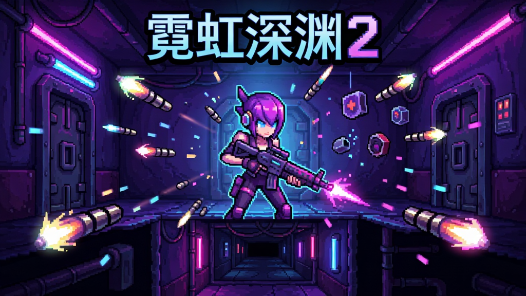 霓虹深渊2游戏主视觉图,主体为霓虹光效下的地牢场景与持枪角色,布局采用中心构图、角色居中、四周环绕弹幕与彩色霓虹光晕,排版上顶部留出游戏标题空间、底部展示地牢通道延伸感,风格为赛博朋克像素风、色彩以紫蓝粉为主,细节包含霓虹灯管、机械门、漂浮道具与像素粒子,画质高清、干净、无多余元素,画面中文字为