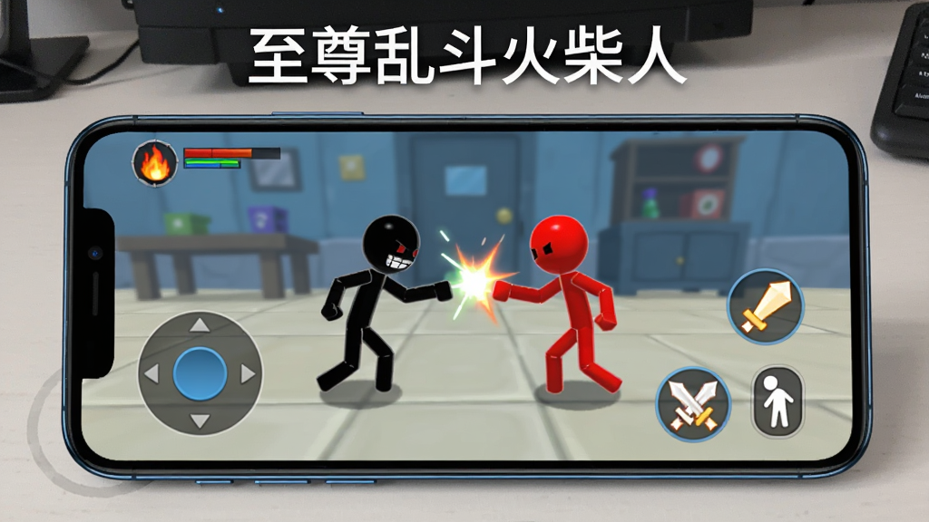 一部智能手机横屏显示游戏画面,画面中黑色火柴人正在与红色火柴人对战,屏幕左侧有虚拟摇杆,右侧有攻击和跳跃按键,手机上方用白色文字标注