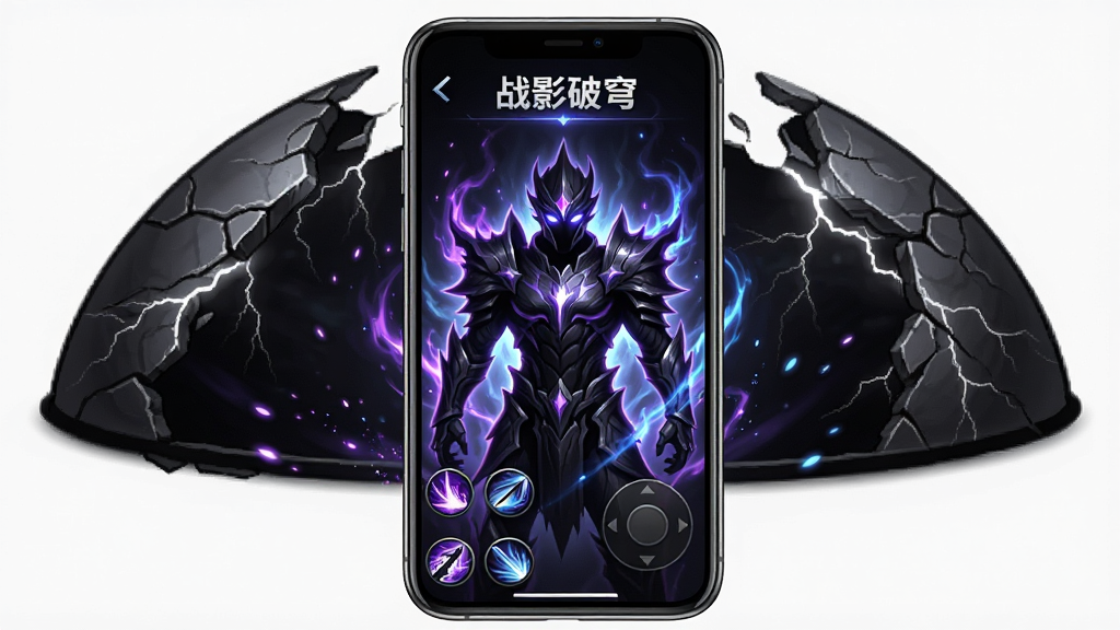 画面中央是一部竖屏智能手机,屏幕内展示“战影破穹”游戏主界面,暗黑色调背景中矗立着一位身披影能铠甲的角色,周围环绕紫蓝色能量光效,界面底部排列技能按钮与虚拟摇杆,手机后方是破碎的穹顶轮廓与闪电裂痕,整体布局居中对称,风格为暗黑奇幻游戏宣传图,细节包含金属质感边框、能量粒子飘散、角色眼神发光,画质高清,干净,无多余元素