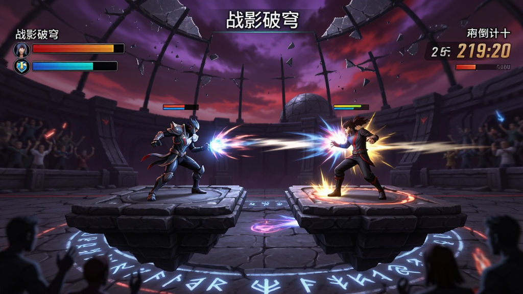 画面描绘“战影破穹”竞技场对战场景,两名玩家角色在悬浮石台上对峙,背景是破碎穹顶与紫红色天空,地面有能量符文闪烁,画面左侧显示双方血条与影能条,右侧有连击计数与倒计时,布局为斜对角构图突出对峙感,风格为暗黑竞技场战斗截图,细节包含技能特效拖尾、角色受击光效、场景边缘的观众虚影,画质高清,干净,无多余元素