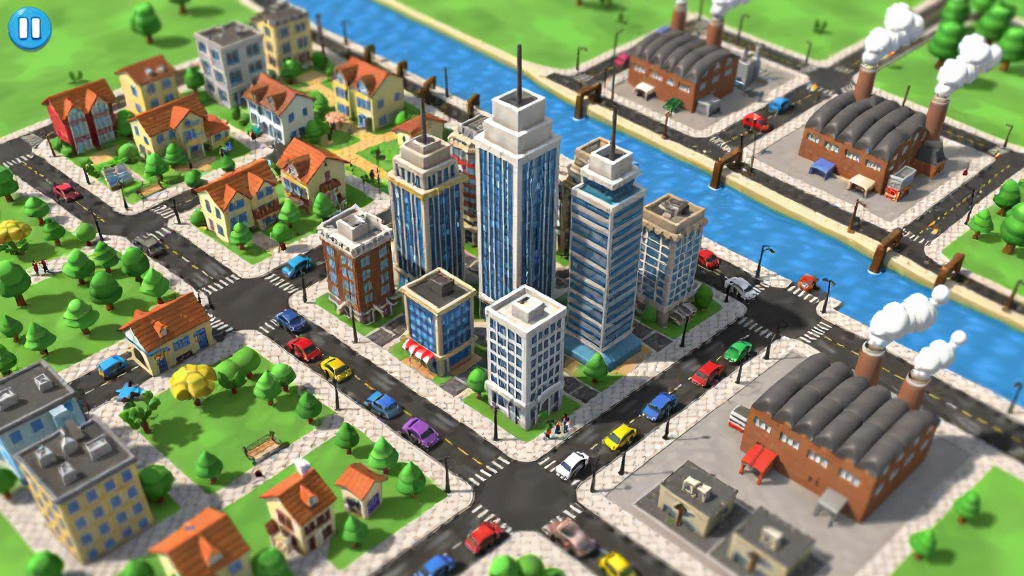 主体为模拟城市:我是市长的游戏俯瞰视角城市全景,布局为中心商务区高楼林立、四周住宅与工厂环绕、河流穿城而过,排版采用宽幅横向构图,风格为3D模拟经营游戏画面,细节包括道路上的小汽车、公园里的行人、工厂烟囱冒烟,画质高清干净无多余元素