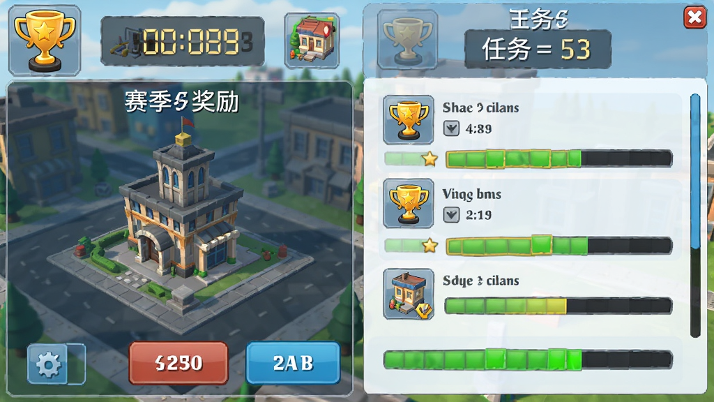 主体为模拟城市:我是市长游戏内的赛季活动界面,布局为左侧显示赛季奖励建筑、右侧显示任务列表与进度条,排版采用左右分栏,风格为游戏UI界面,细节包括金色奖杯图标、倒计时数字、彩色按钮,画质高清干净无多余元素