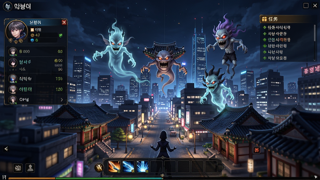 鬼怪世界(韩服)游戏主界面全景展示,画面中央是繁华的现代都市夜景与飘浮的韩国传统鬼怪形象,左侧有角色信息面板,右侧有任务追踪列表,底部有技能快捷栏,整体风格为韩式奇幻RPG,细节丰富,画质高清,干净无多余元素