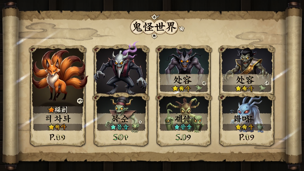 鬼怪世界(韩服)妖怪图鉴界面,画面中展示九尾狐、独脚鬼、处容等多个韩国传统妖怪的立绘卡片,每张卡片配有名称和稀有度标识,背景为古朴的韩式卷轴风格,布局整齐,画质高清,干净无多余元素