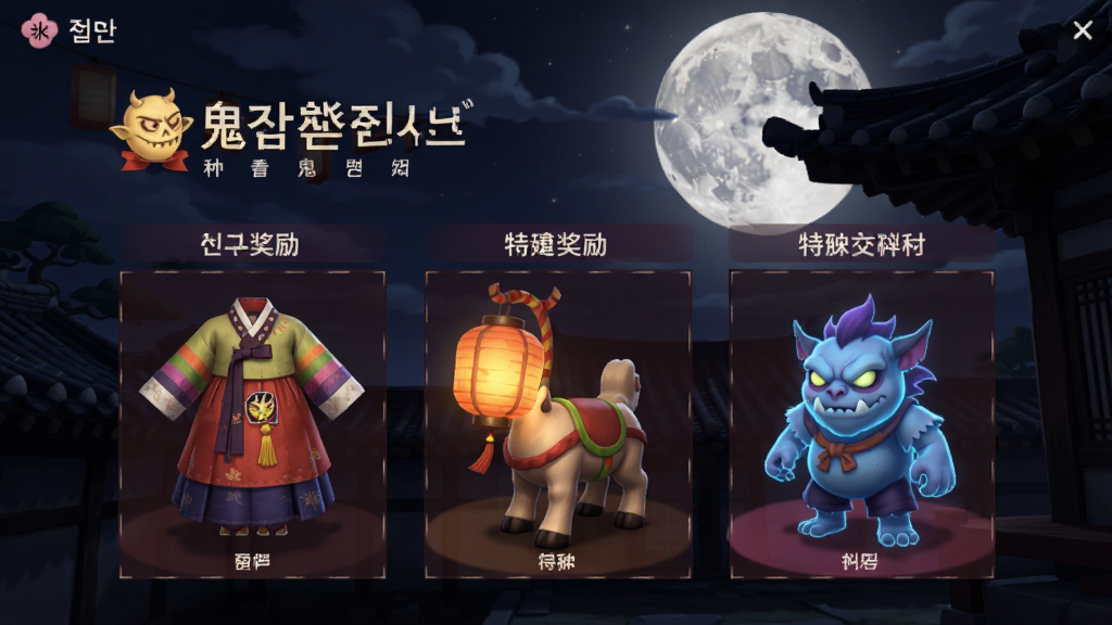 鬼怪世界(韩服)节日活动界面,画面中展示中秋鬼怪庆典的限定奖励列表,包含传统韩服时装、灯笼坐骑和特殊鬼怪角色,背景有满月和韩式屋檐剪影,画质高清,干净无多余元素