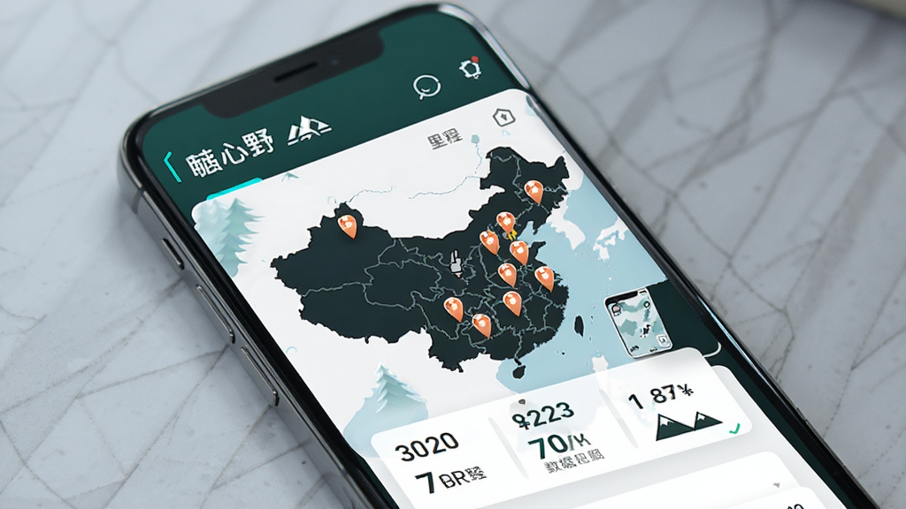 心野足迹地图与数据统计界面,画面中心为手机屏幕,屏幕内展示中国地图上多个足迹标记点与统计数据卡片,顶部有“心野”字样,布局清晰,风格简约科技感,细节包含里程数字与山峰图标,画质干净,无多余元素