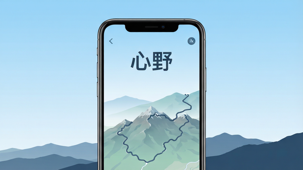 心野软件主界面概览,画面中央展示手机屏幕,屏幕内呈现山脉与轨迹路线图,标题文字“心野”居中,背景为浅蓝渐变天空与远山剪影,布局简洁,风格清爽现代,细节清晰,画质干净,无多余元素