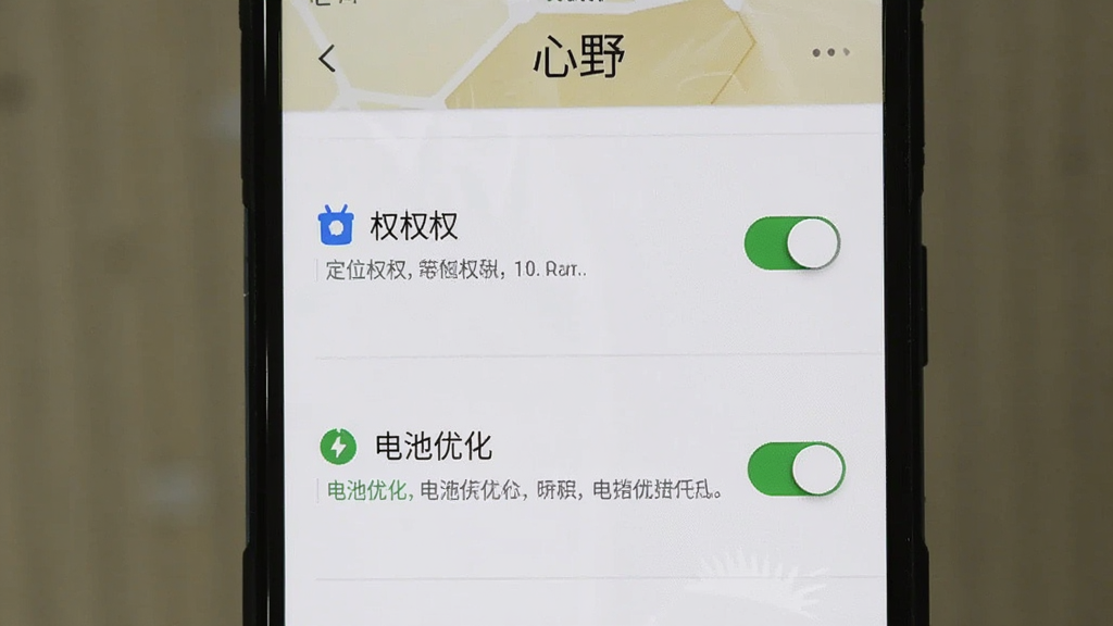 心野安卓手机安装设置界面,画面展示手机屏幕内权限设置页面,包含定位权限与电池优化选项,顶部文字“心野”可见,布局为纵向列表,风格简洁实用,细节包含开关按钮与提示文字,画质干净,无多余元素
