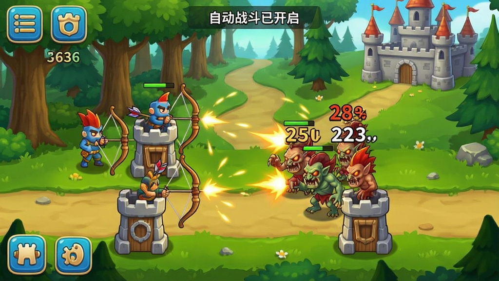 手机游戏画面展示塔和弓自动战斗场景,画面中有多个弓箭塔自动射击怪物,怪物头顶显示伤害数字,屏幕角落有辅助菜单小图标和“自动战斗已开启”文字提示,背景是森林小径和城堡,风格为卡通塔防游戏,画质高清,干净,无多余元素