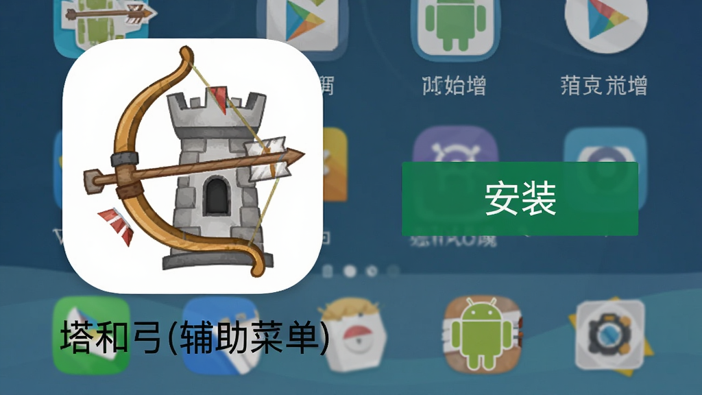 手机桌面显示塔和弓辅助菜单应用图标和安装界面,图标为弓箭和塔楼组合图案,下方显示应用名称“塔和弓(辅助菜单)”,旁边有安卓机器人标志和“安装”按钮,背景为简洁的手机桌面,风格为应用商店截图,画质高清,干净,无多余元素