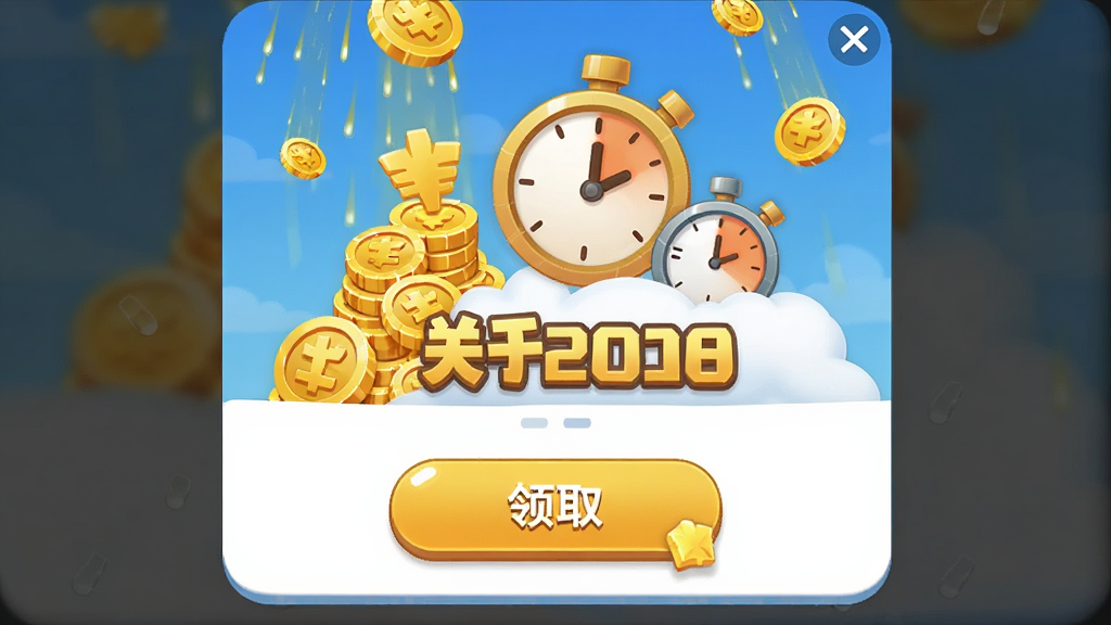合个鸭子2026离线收益弹窗,主体为金币堆叠与计时器图标,布局为居中弹窗加领取按钮,排版简洁突出收益数字,风格为卡通休闲风,细节包含时钟图标、金币雨、领取高亮按钮,画质高清,干净,无多余元素