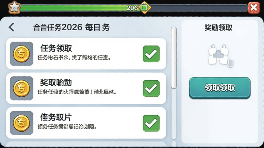 合个鸭子2026每日任务面板,主体为任务列表与奖励领取按钮,布局为纵向列表加顶部进度条,排版清晰易读,风格为休闲游戏UI风格,细节包含金币图标、任务描述文字、领取状态勾选,画质高清,干净,无多余元素