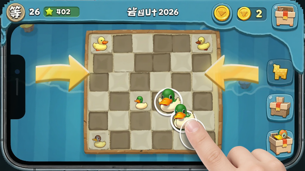 合个鸭子2026新手操作界面,主体为手机屏幕中显示的合成棋盘与手指拖拽鸭子的动作,布局为竖屏手机视角,排版突出操作指引箭头,风格为休闲游戏教程风格,细节包含等级提示、金币数量、任务图标,画质高清,干净,无多余元素