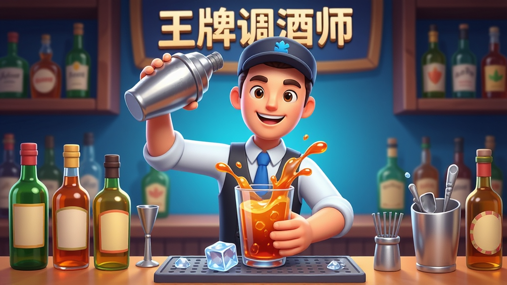 一位虚拟调酒师在吧台后手持摇酒壶进行摇酒动作,吧台上摆放着多种酒瓶和调酒工具,画面采用明亮鲜艳的卡通风格,主体突出调酒动作,布局为居中构图,细节包括酒液飞溅和冰块反光,画质高清,干净无多余元素,画面中可带有