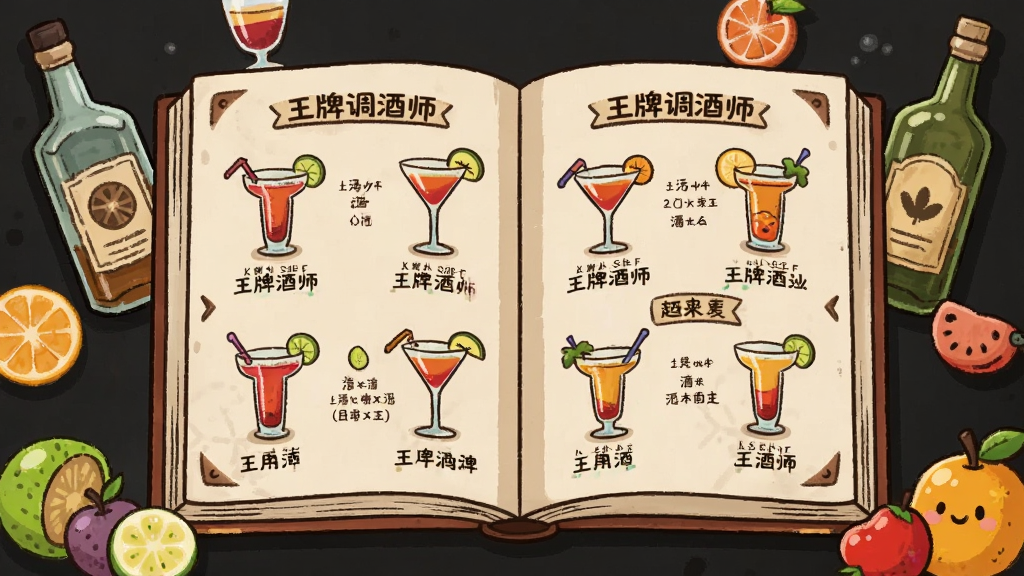 一本展开的虚拟酒谱书,书页上绘制着各种鸡尾酒的插画与配方文字,周围散落着酒瓶和水果装饰,整体排版为居中展示,风格为复古手绘与卡通结合,细节包括酒谱页面上的图标和标签,画质清晰,干净无多余元素,画面中可带有