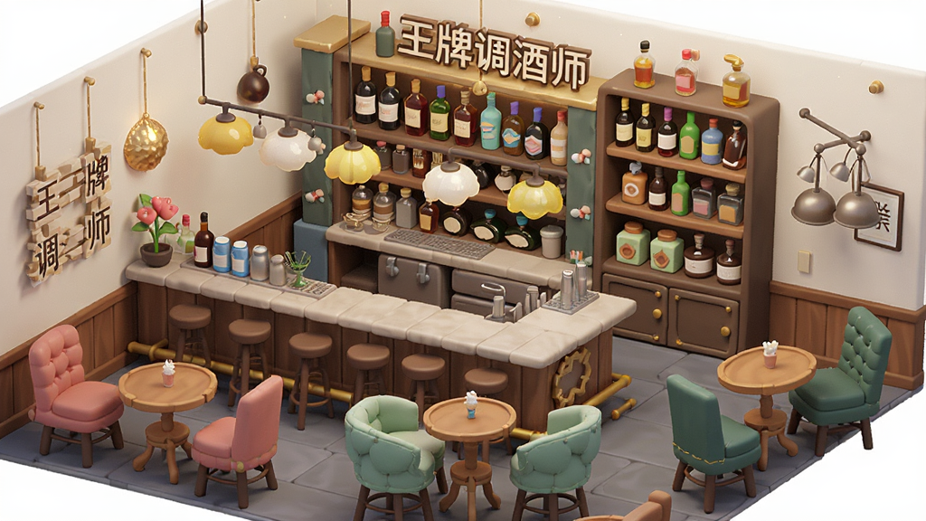 一个装饰精致的虚拟酒吧内部场景,吧台、酒架、座椅和灯光都呈现出不同风格的搭配选项,画面采用俯视与平视结合的视角,风格为清新卡通,细节包括装饰物和酒瓶排列,画质清晰,干净无多余元素,画面中可带有