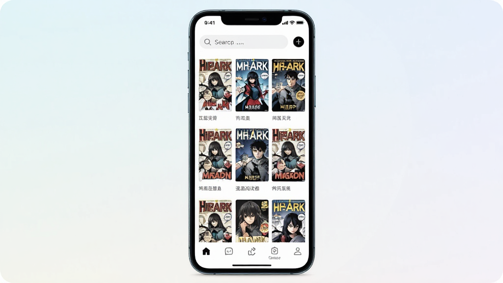 一张展示MH-ARK漫画阅读器手机端主界面的预览图,画面中央是手机屏幕,屏幕内显示漫画书架网格布局,封面排列整齐,顶部有搜索栏,底部有导航栏,背景为浅色渐变,整体风格简洁清爽,画质清晰,干净,无多余元素