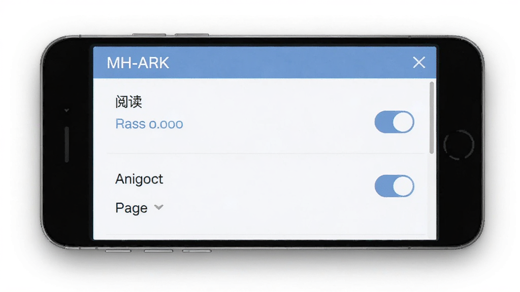 MH-ARK软件设置页面截图,画面中展示阅读方向选项和翻页动画选项的切换开关,界面布局清晰,有日间模式配色,手机屏幕周围有轻微阴影,整体风格现代简约,画质清晰,干净,无多余元素