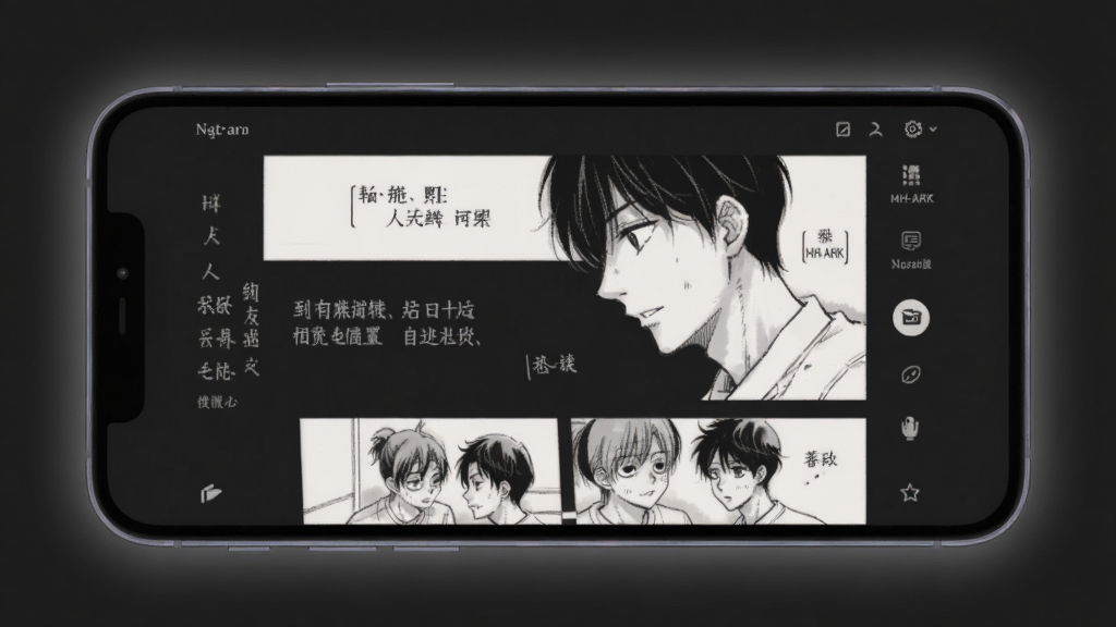 MH-ARK漫画阅读界面在夜间模式下的效果图,画面中手机屏幕显示漫画内容,背景为深灰色,文字和图片对比柔和,屏幕边缘有微光,整体氛围安静舒适,画质清晰,干净,无多余元素