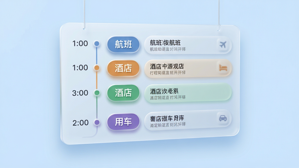 主体为一块悬浮在浅蓝色背景上的半透明行程时间轴面板,面板内用不同颜色标签标注“航班”“酒店”“用车”等条目;布局为纵向排列,左侧显示时间节点,右侧显示行程详情;排版清晰有层次;风格为轻拟物商务风;细节上时间轴有柔和阴影,标签边缘圆润;画质清晰,干净,无多余元素。