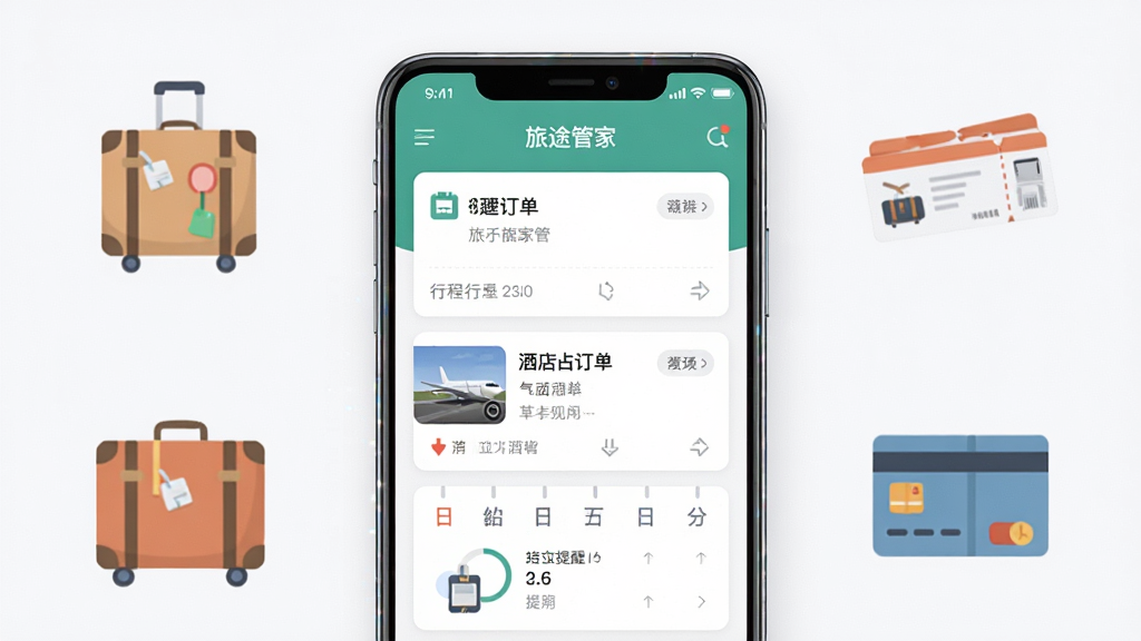 主体为一部竖屏安卓手机,屏幕内展示“旅途管家”应用主界面,界面包含行程卡片、酒店订单、日历提醒等模块;布局采用居中构图,手机两侧点缀行李箱、机票、房卡等扁平化图标;排版干净整齐,风格为现代简约科技风;细节上手机边框有轻微反光,图标色彩柔和;画质清晰,干净,无多余元素。
