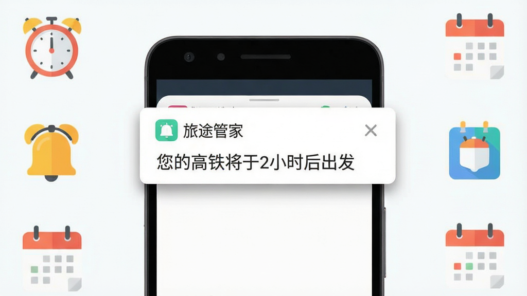 主体为一部平放的安卓手机,屏幕弹出“旅途管家”通知卡片,卡片上写有“您的高铁将于2小时后出发”字样;布局为手机居中,周围环绕小闹钟、铃铛、日历等图标;排版简洁;风格为清新扁平化;细节上通知卡片有轻微投影,图标配色明快;画质清晰,干净,无多余元素。