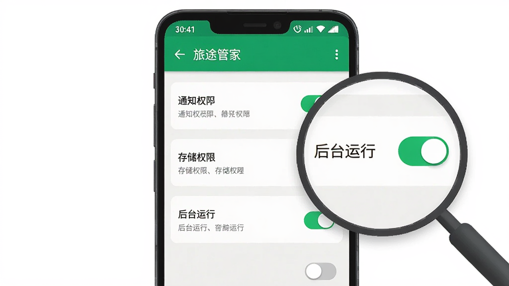主体为一部竖屏安卓手机,屏幕显示“旅途管家”权限设置页面,页面中包含通知权限、存储权限、后台运行等开关选项;布局为手机居中,右侧用放大镜形式突出“后台运行”选项;排版整洁;风格为扁平化手机系统界面风;细节上开关按钮有绿色高亮,文字清晰;画质清晰,干净,无多余元素。
