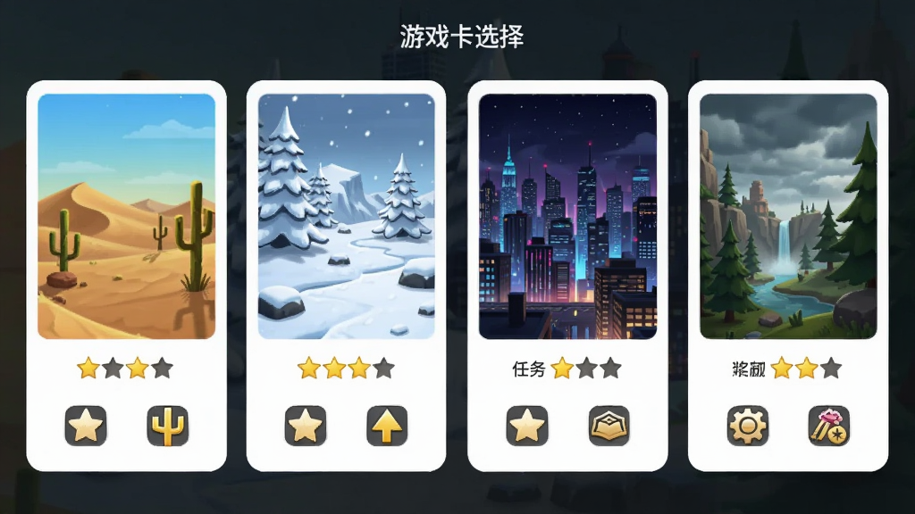 游戏关卡选择界面截图,画面中显示多个不同场景的缩略图卡片,包括沙漠、雪地、城市夜景等,每张卡片下方标注任务难度星级与奖励图标,界面风格简洁明快,画质清晰,干净无多余元素