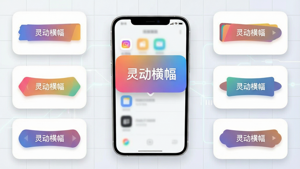 一张展示手机屏幕的图片,画面中央是一部现代智能手机,屏幕显示灵动横幅软件的界面,上方有彩色渐变横幅弹出显示