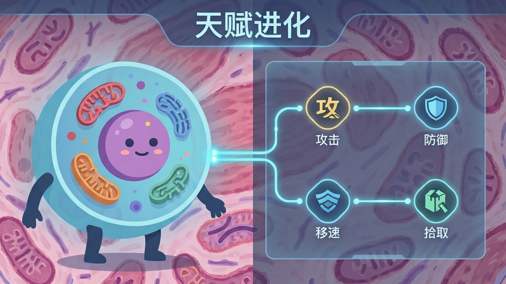 一颗巨大的细胞角色位于画面左侧,右侧展示天赋树界面,包含攻击、防御、移速、拾取四个分支图标,背景为显微镜下的组织切片纹理,布局采用左右分割构图,排版上方为