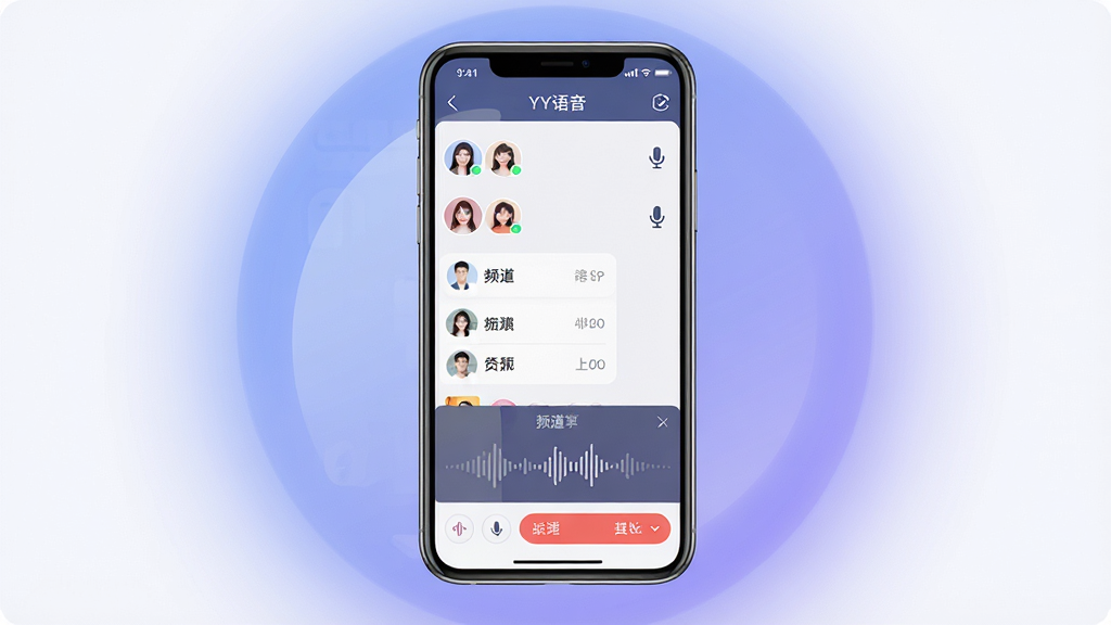 ����������һ�����������ֻ�����Ļ��չʾYY����App�����췿����棬�����а�������û�ͷ����˷�ͼ�ꡢƵ���б����������ζ��������ֲ��þ��й�ͼ���ֻ����ڻ��������룬���ܻ�����͵�����ɫ���Σ��Ű����ֻ���Ļ���������ɼ���������ʾ��YY���������ֱ�ʶ�����Ϊ�ִ��Ƽ���UIչʾ��񣬱����ɾ���ࣻϸ�ڷ����ֻ��߿�Բ����Ļ������Ȼ������Ԫ�ز�η���������Ҫ����塢�ɾ����޶���Ԫ�ء�