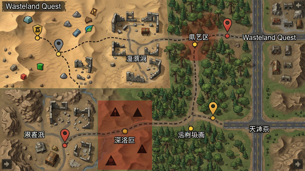 一张俯视视角的开放世界地图界面,画面中展示沙漠、废墟、森林、公路等多种地形区域,地图上标注有资源点、危险区域与任务标记,整体风格为废土生存游戏地图界面,布局清晰分区明确,细节包括小图标标记、路线虚线、区域名称文字,画质高清干净无多余元素,画面中可加入文字