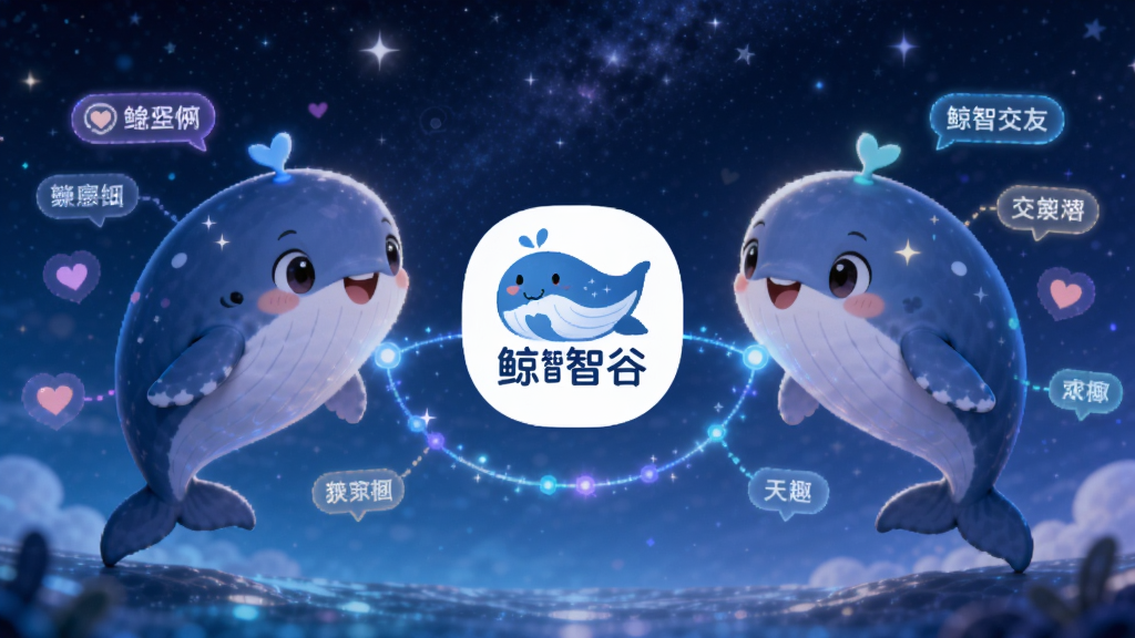 一幅展示鲸智谷交友智能匹配功能的AI生图,主体是两只拟人化的小鲸鱼在星空下通过发光的数据线连接,布局采用左右对称构图,排版中间放置鲸智谷交友的Logo,风格为梦幻科技感,细节包含闪烁的爱心和兴趣标签,画质高清,干净,无多余元素