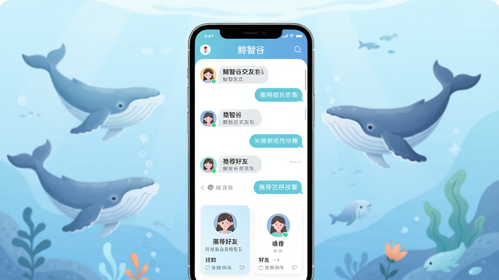 一张展示鲸智谷交友软件主界面的图片,画面中央是手机屏幕,屏幕上显示着鲸智谷交友的聊天列表和推荐好友卡片,背景是柔和的鲸鱼与海洋元素插画,布局简洁,排版清晰,风格清新现代,细节包含用户头像和聊天气泡,画质高清,干净,无多余元素