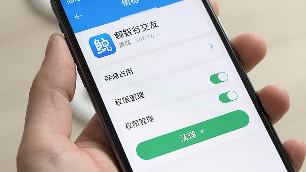 一张展示手机清理缓存和权限设置界面的图片,主体是手机屏幕显示鲸智谷交友的应用信息页面,布局包含存储占用和权限管理选项,排版清晰,风格简约实用,细节有清理按钮和权限开关,画质高清,干净,无多余元素