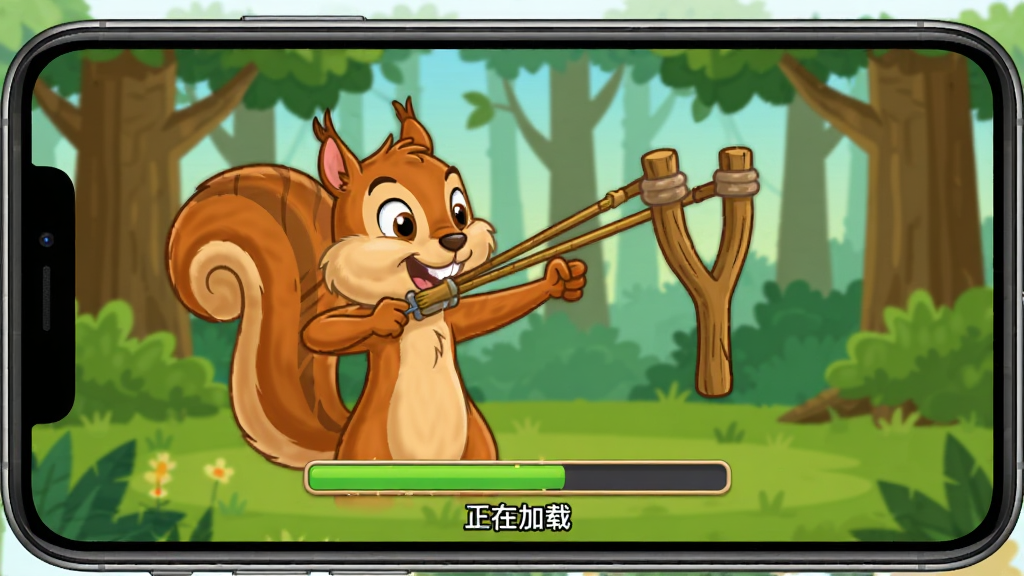 手机屏幕显示 Animal Busters 游戏加载界面,画面中有一只卡通松鼠正在拉弹弓,背景为森林场景,屏幕下方有进度条和“正在加载”字样,风格为手游加载页截图,细节清晰,画质干净,无多余元素