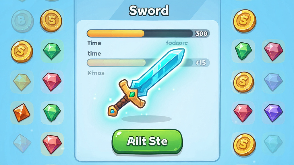 Only Sword 角色成长界面,展示一把发光长剑和升级按钮,周围环绕金币与宝石图标,布局为垂直列表,风格为清新卡通,细节包含进度条与属性数值,画质干净,无多余装饰
