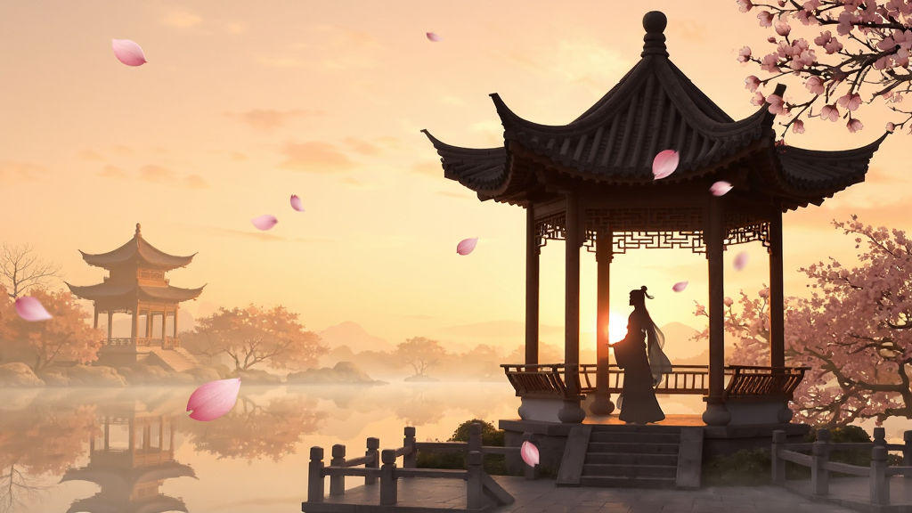 深鸢 古风场景插画 亭台楼阁 花瓣飘落 人物剪影 暖色夕阳 唯美风格 细节精致 画质清晰 干净 无多余元素