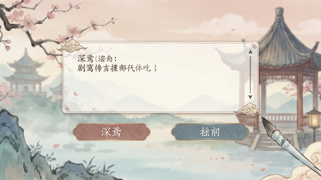 深鸢 剧情选择界面 文字对话框 两个选项按钮 古风背景 柔和色调 细腻排版 画质清晰 干净 无多余元素