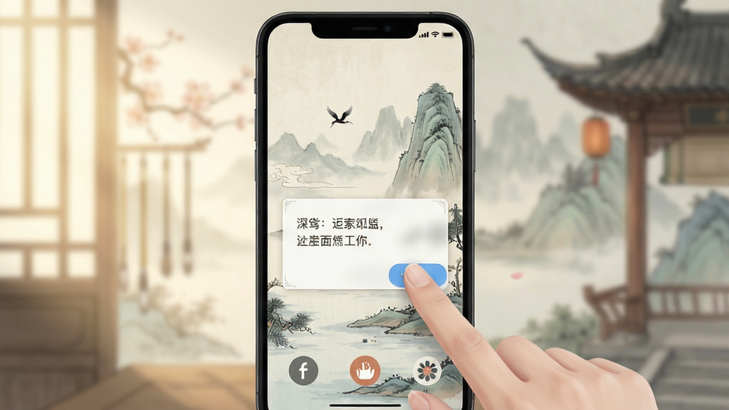 深鸢 手机竖屏操作界面 手指点击对话框 简洁UI 古风背景 柔和光线 排版清晰 画质清晰 干净 无多余元素