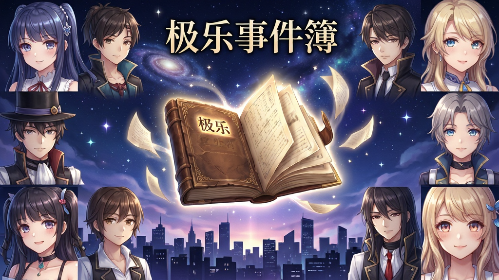 极乐事件簿游戏主界面全景展示,画面中央是一本散发微光的古老事件簿,周围环绕多位风格各异的角色立绘,背景为梦幻的星空与城市剪影交织,布局采用中心对称构图,风格为二次元唯美插画,细节包含书页翻飞的光效和角色表情特写,画质高清,干净无多余元素,画面中带有