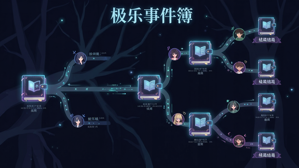 极乐事件簿多线剧情分支示意图,画面以树状结构展示不同故事走向,每个分支节点用发光的事件簿书页图标表示,布局为横向展开的流程图,风格为科技感与奇幻感结合的扁平化设计,细节包含分支路径上的角色小头像和结局标签,画质清晰,干净整洁,画面中带有
